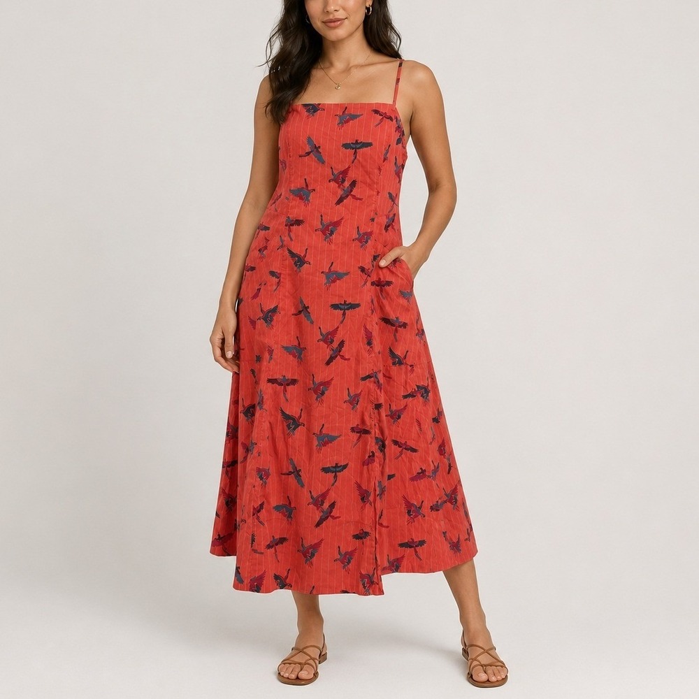 Free People Sunshine of Your Love Dress 8 Coral Parrot‎ Bird Print Boho Summer